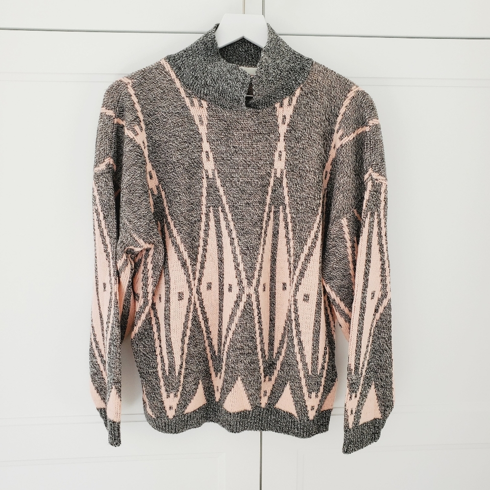 Vintage Women's high collar pink grey geometric sweater